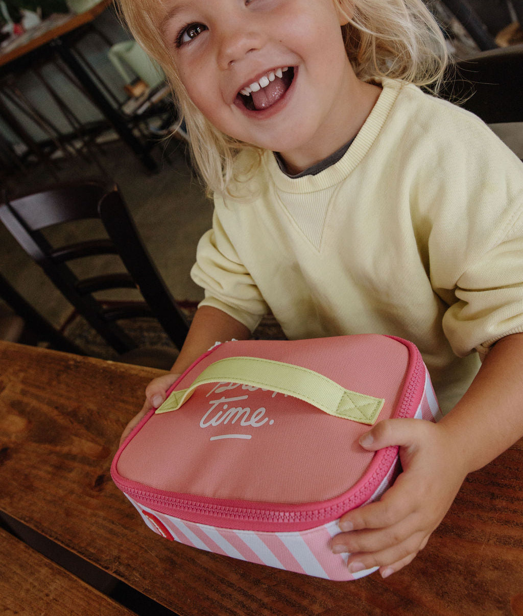 Saco de lanche para criança rosa às riscas, pega amarela, fecho de correr rosa Hello Hossy