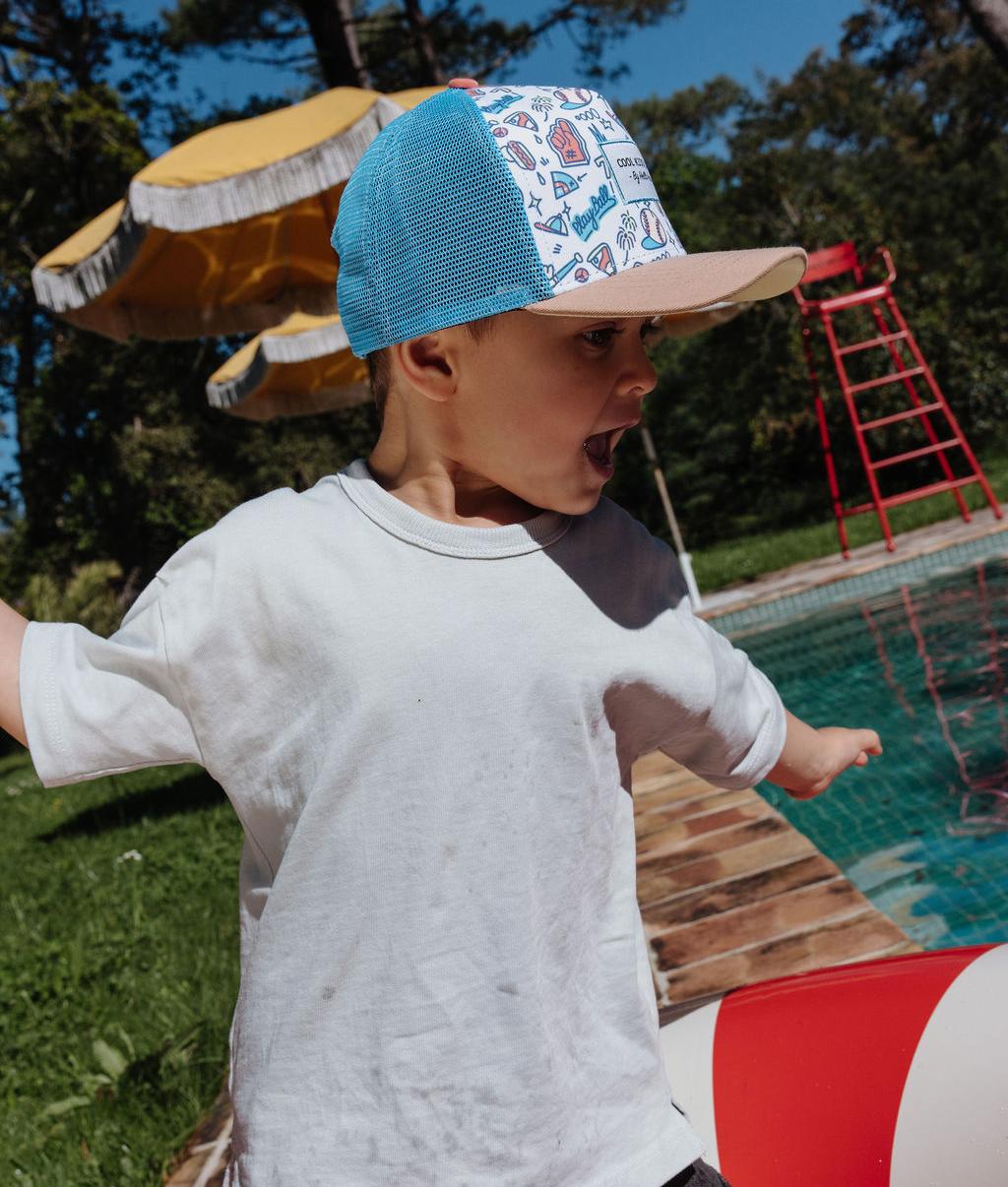 Boné infantil trucker com estampado baseball, pala bege, usado, Hello Hossy