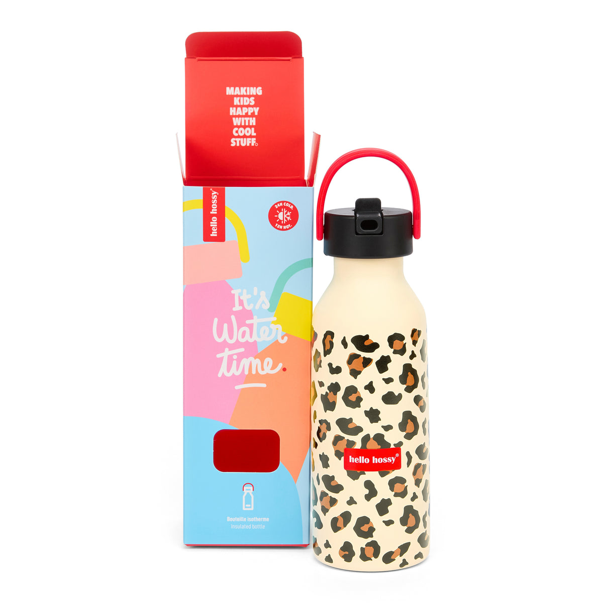 Garrafa reutilizável infantil bege com estampado leopard e pega vermelha Hello Hossy