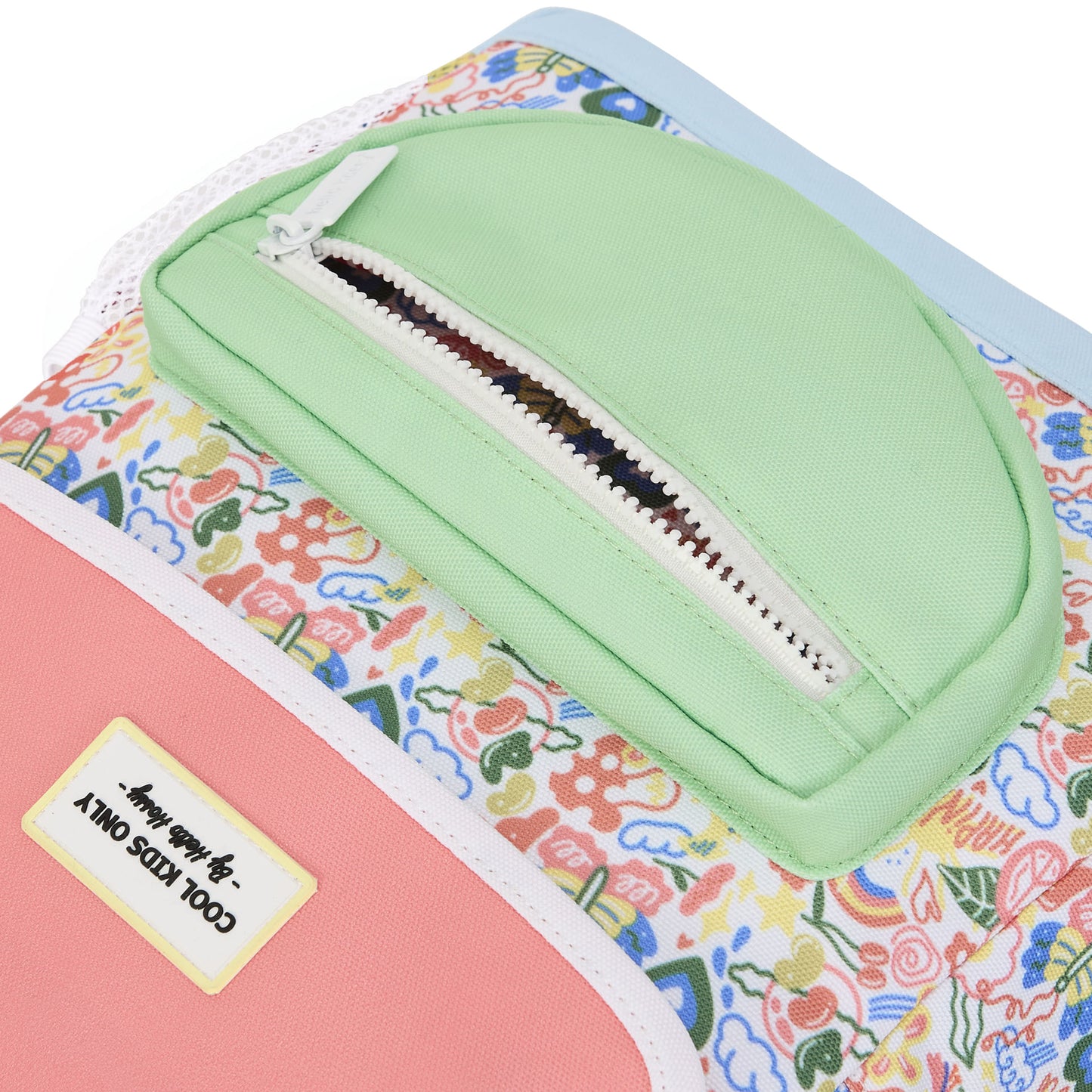 Mochila Happiness infantil branca e rosa, estampado de flores, bolso verde Hello Hossy