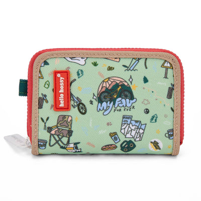 Porta-moedas infantil verde com padrão de viagem e bicicleta, rebordo bege Hello Hossy