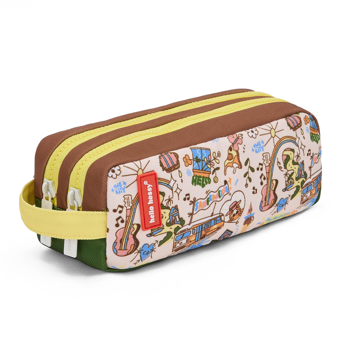 Estojo escolar infantil castanho e creme com motivo de viagem USA e fecho duplo Hello Hossy