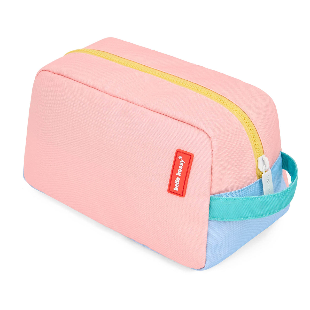 Nécessaire infantil rosa e azul com pega turquesa e fecho amarelo Hello Hossy