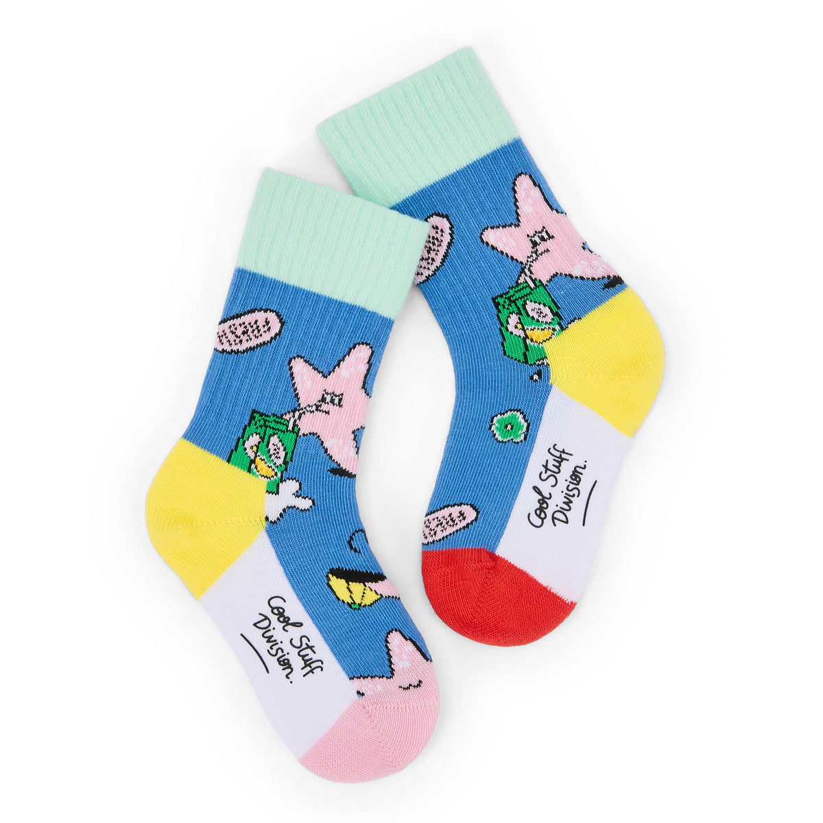 Meias infantis azul, amarelo e verde com padrões de estrela rosa Hello Hossy