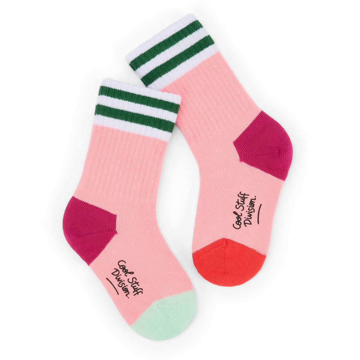 Meias infantis rosa com riscas verdes, calcanhares e pontas coloridos Hello Hossy
