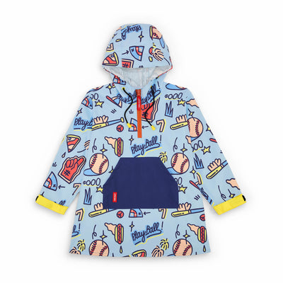 Poncho de chuva infantil azul com estampado baseball, bolso frontal azul Hello Hossy