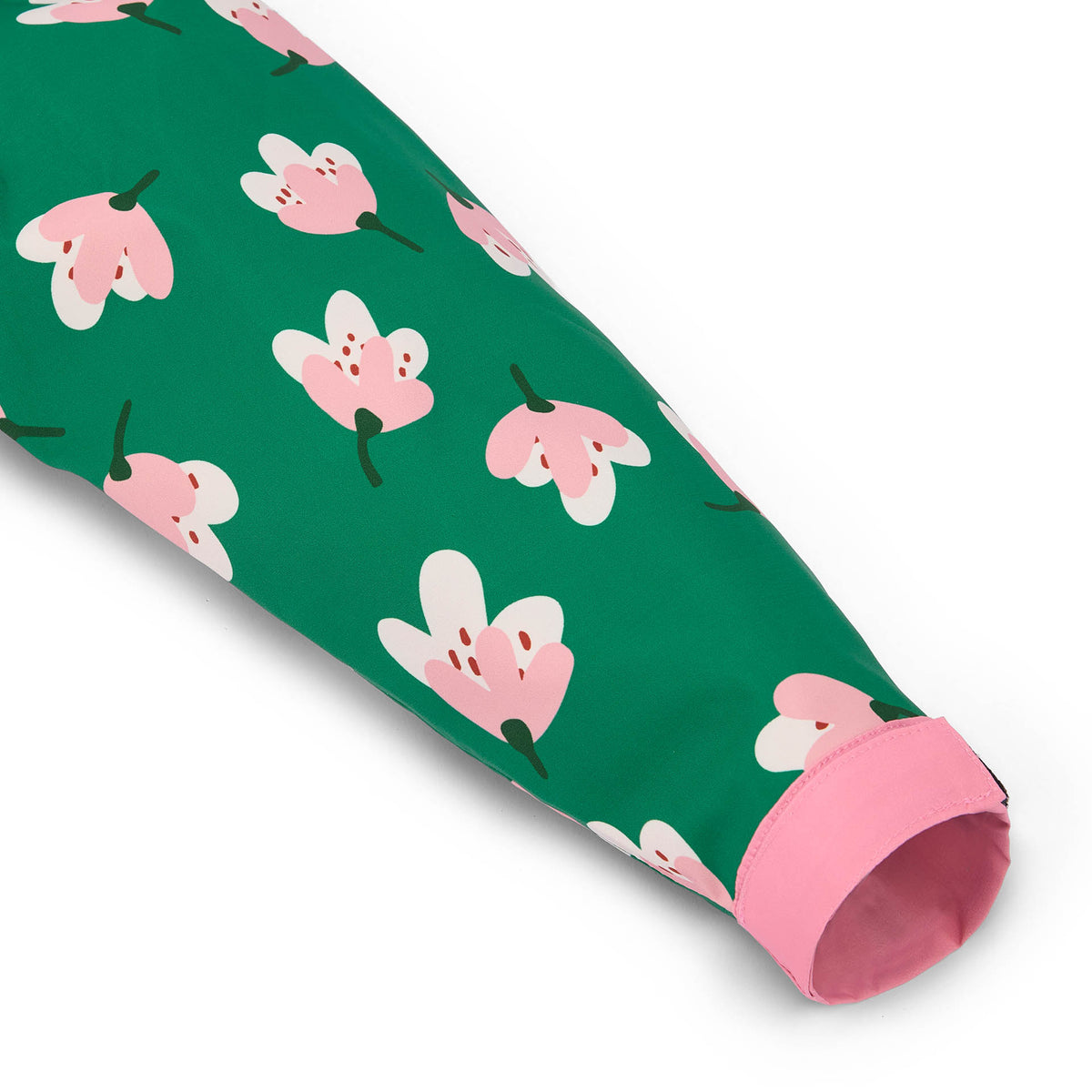 Manga de poncho de chuva infantil verde, estampado de flores, punho rosa Hello Hossy