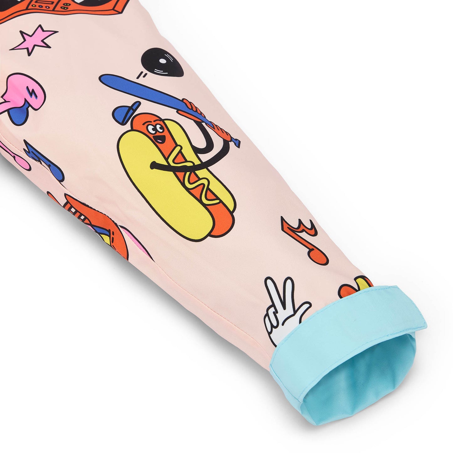 Poncho de chuva infantil creme com estampado food, mangas azul-celeste Hello Hossy