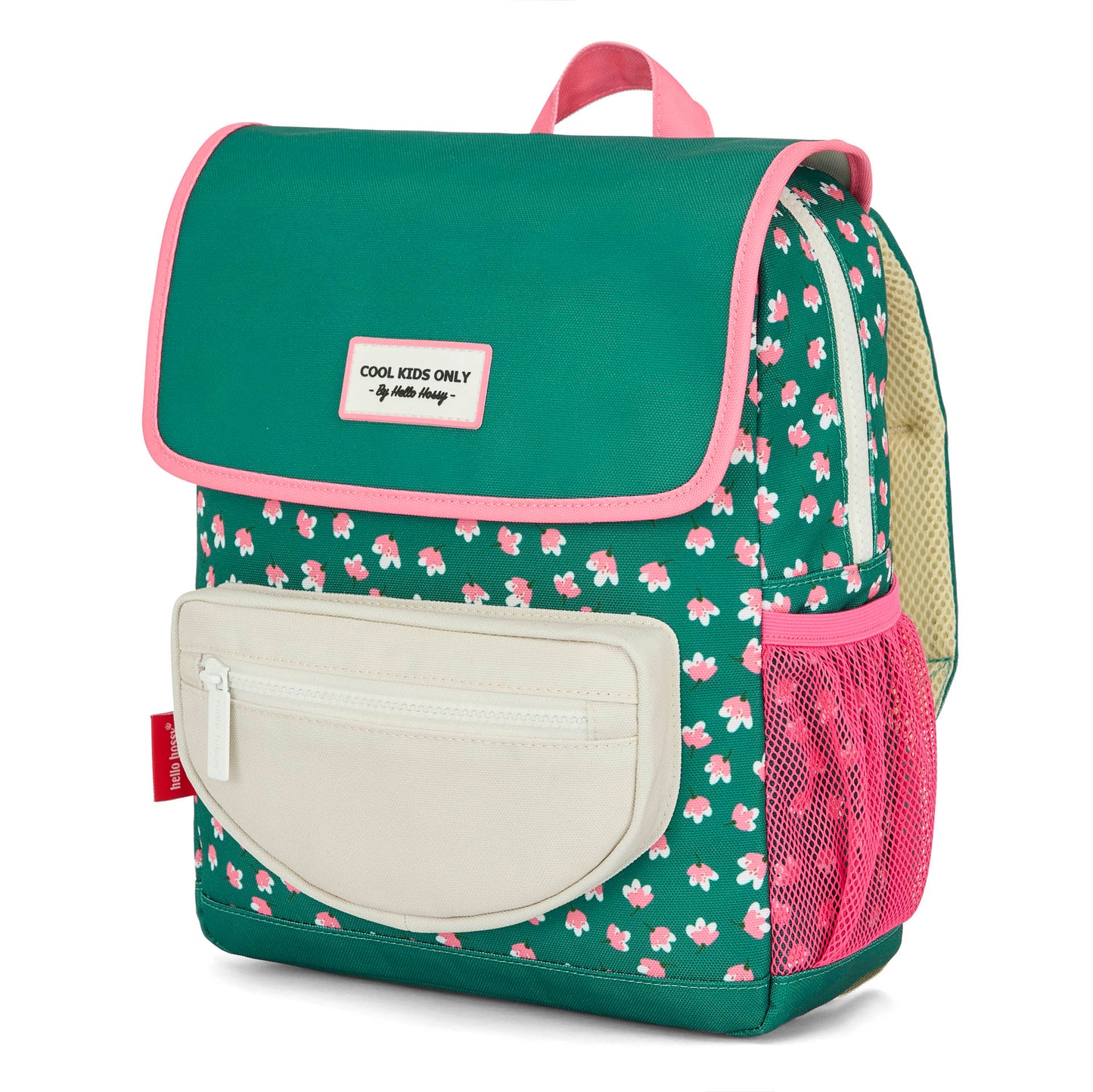 Mochila infantil verde com estampado de flores rosas e bolsos brancos Hello Hossy