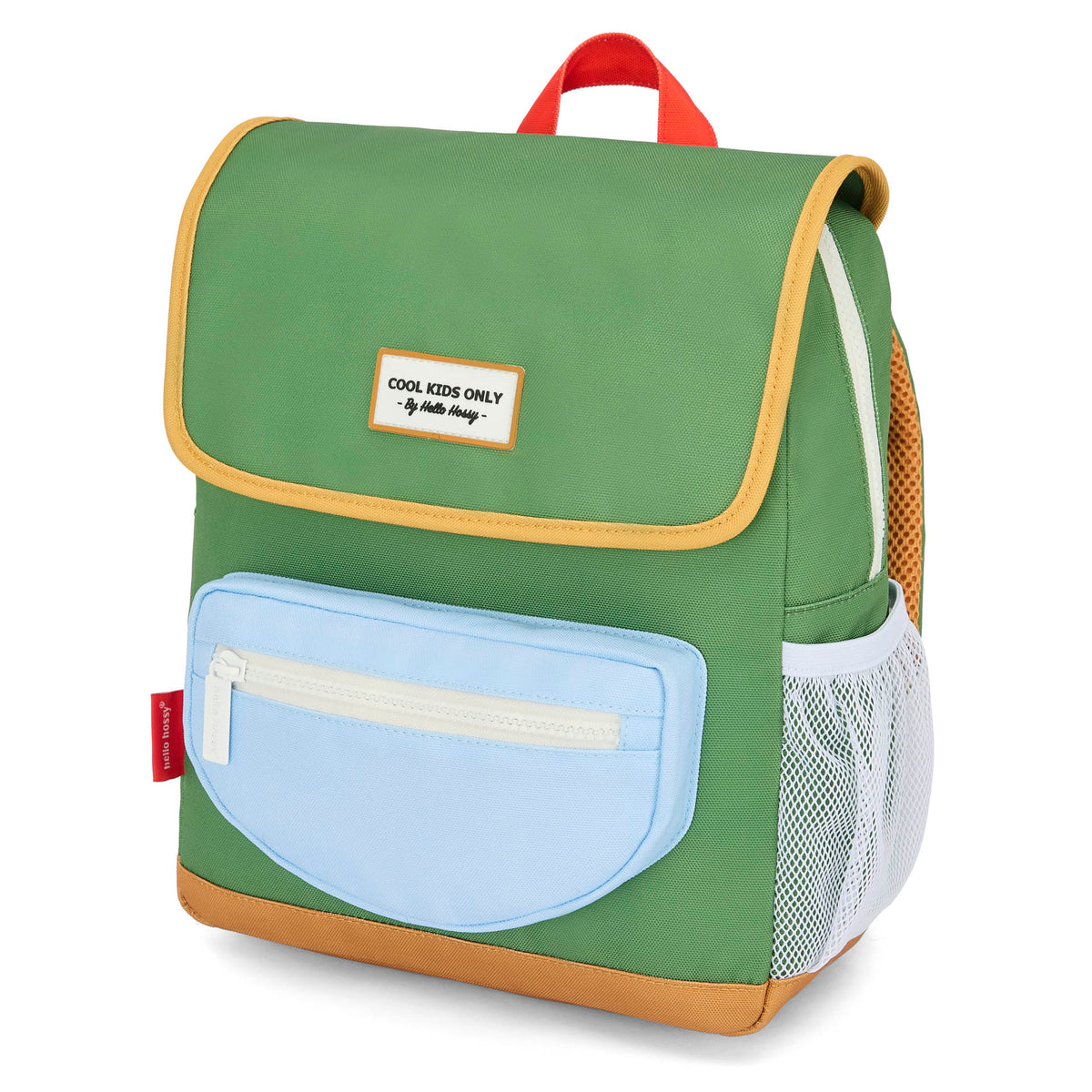 Mochila infantil verde com bolso azul Hello Hossy