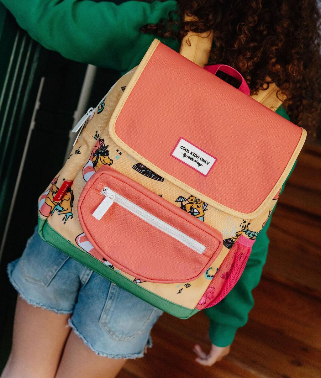 Mochila infantil amarela e rosa com padrão de unicórnio, patch Hello Hossy