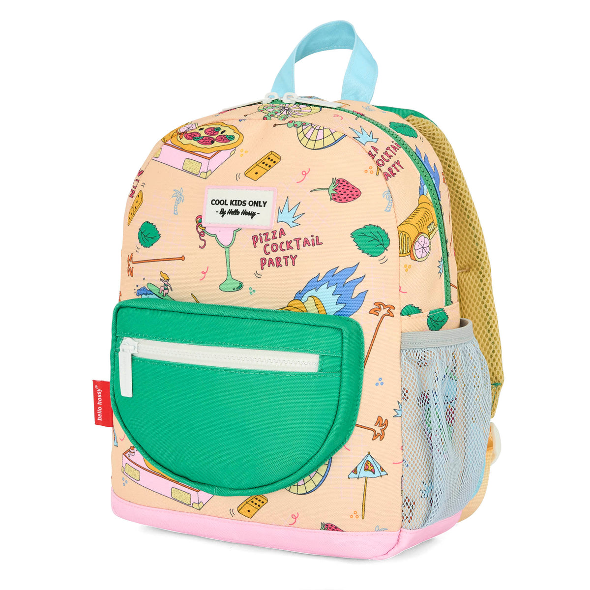 Mochila bege e verde para criança, padrão de comida, Hello Hossy