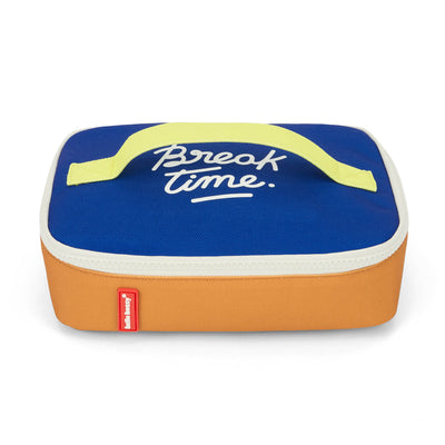 Saco de lanche infantil azul e laranja com inscrição Break Time Hello Hossy