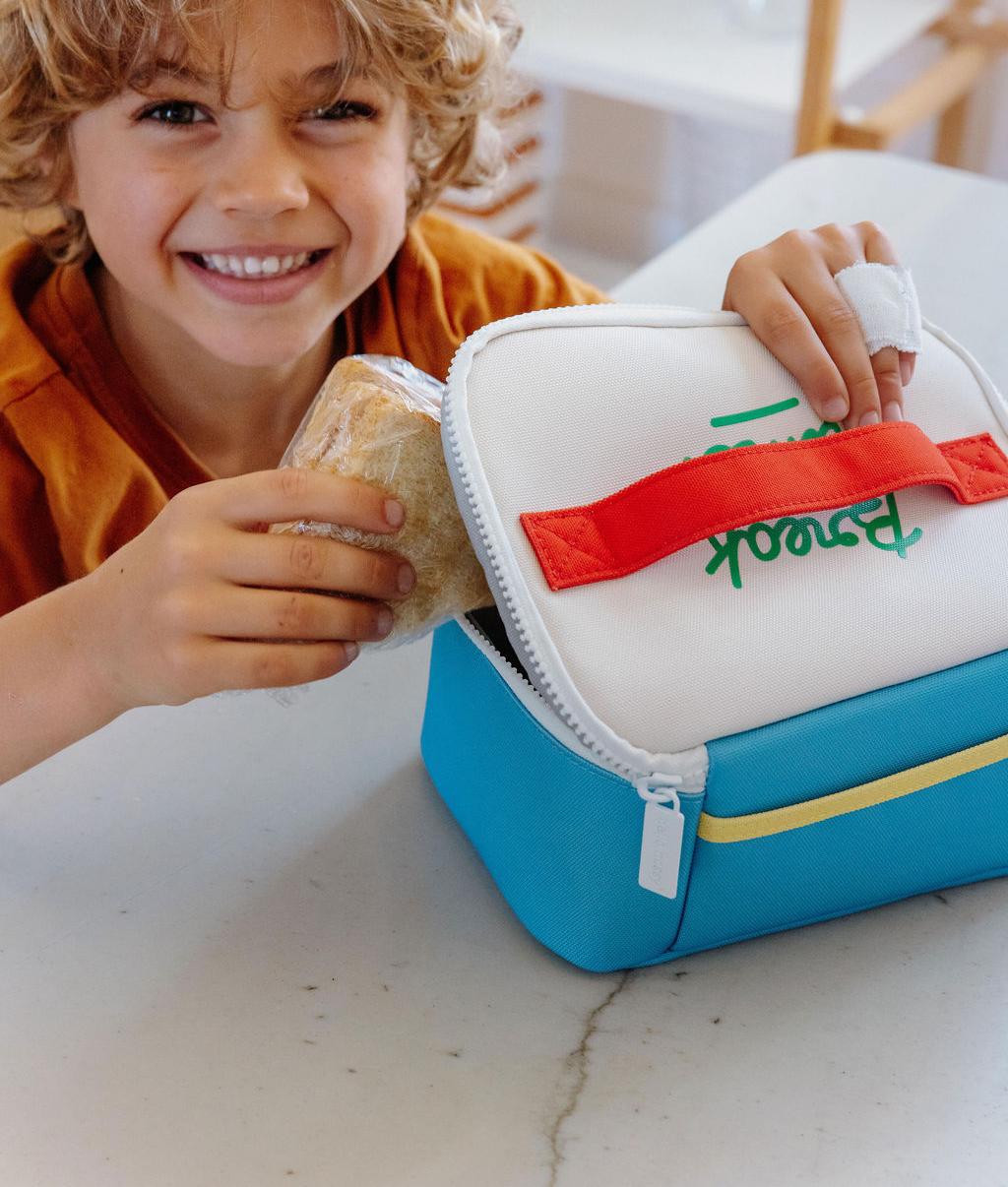 Saco de almoço infantil azul com pega vermelha e padrão de texto Hello Hossy