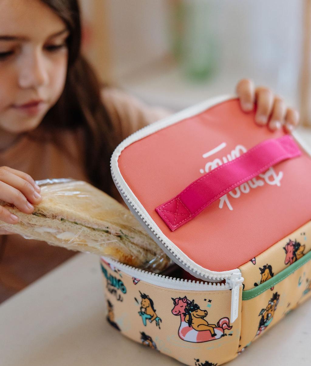 Saco de almoço infantil amarelo e rosa, padrão de unicórnio, pega Hello Hossy