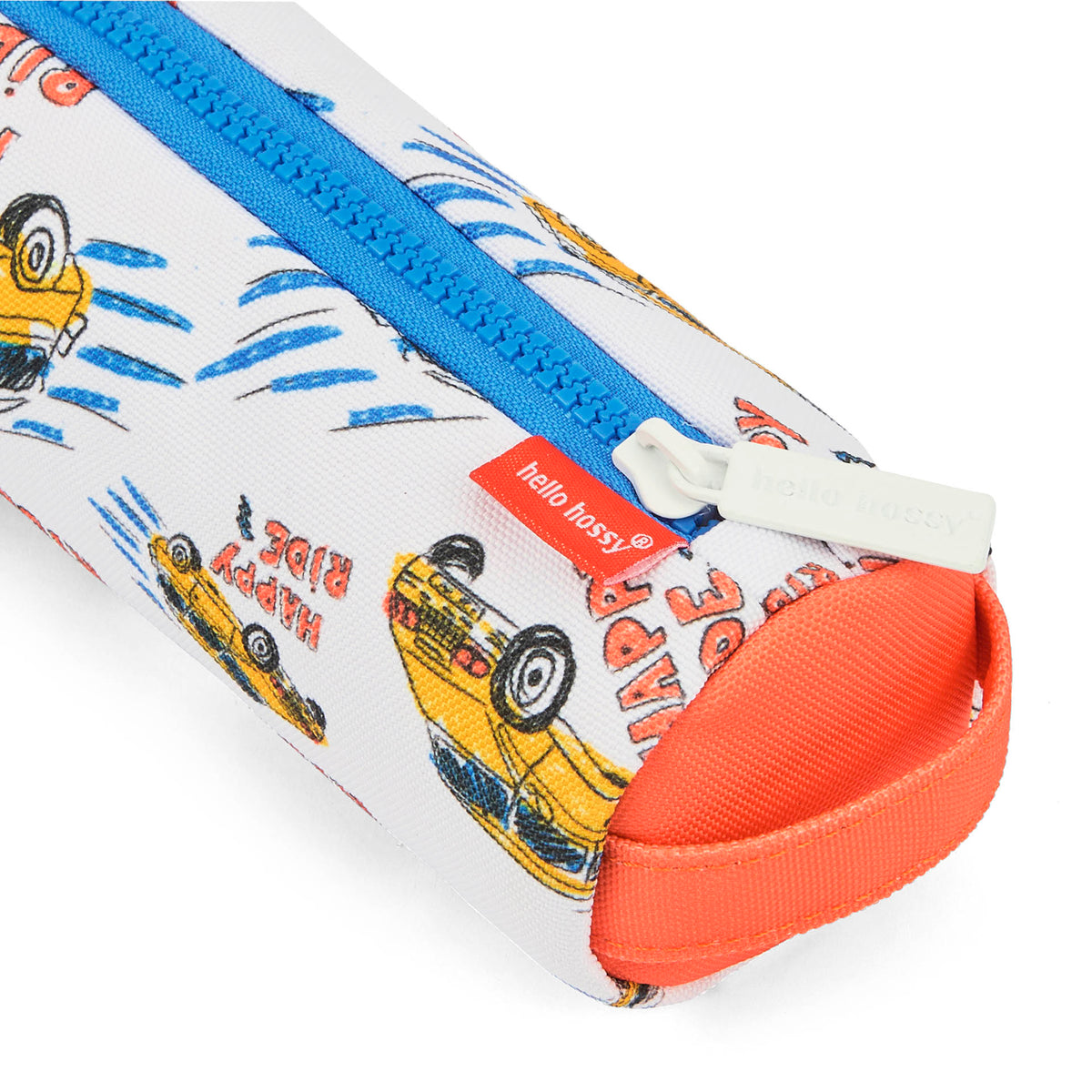 Estojo escolar infantil branco e laranja com padrão de carros e fecho azul Hello Hossy