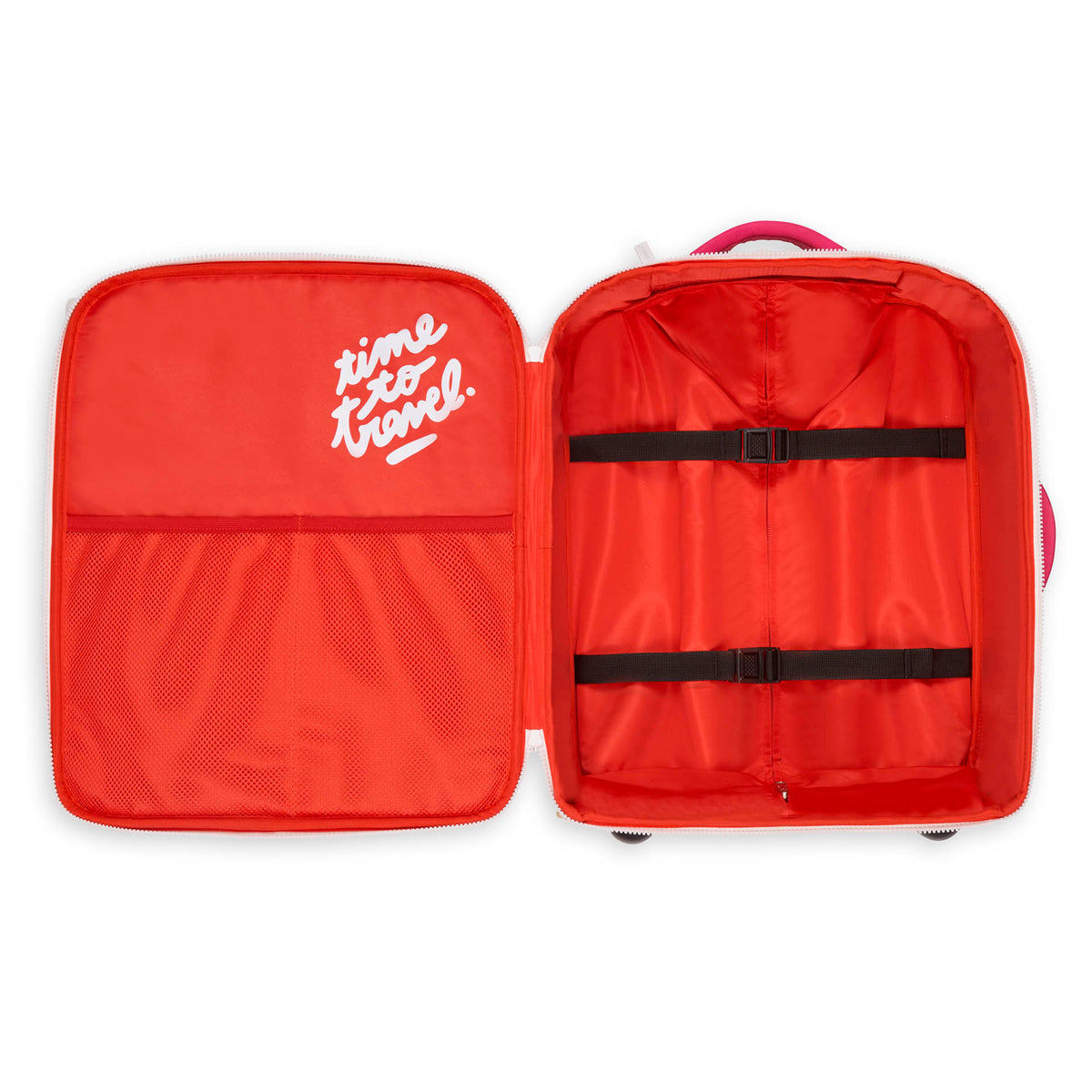 Mala de viagem infantil rosa com interior vermelho e cinta de fixação Hello Hossy
