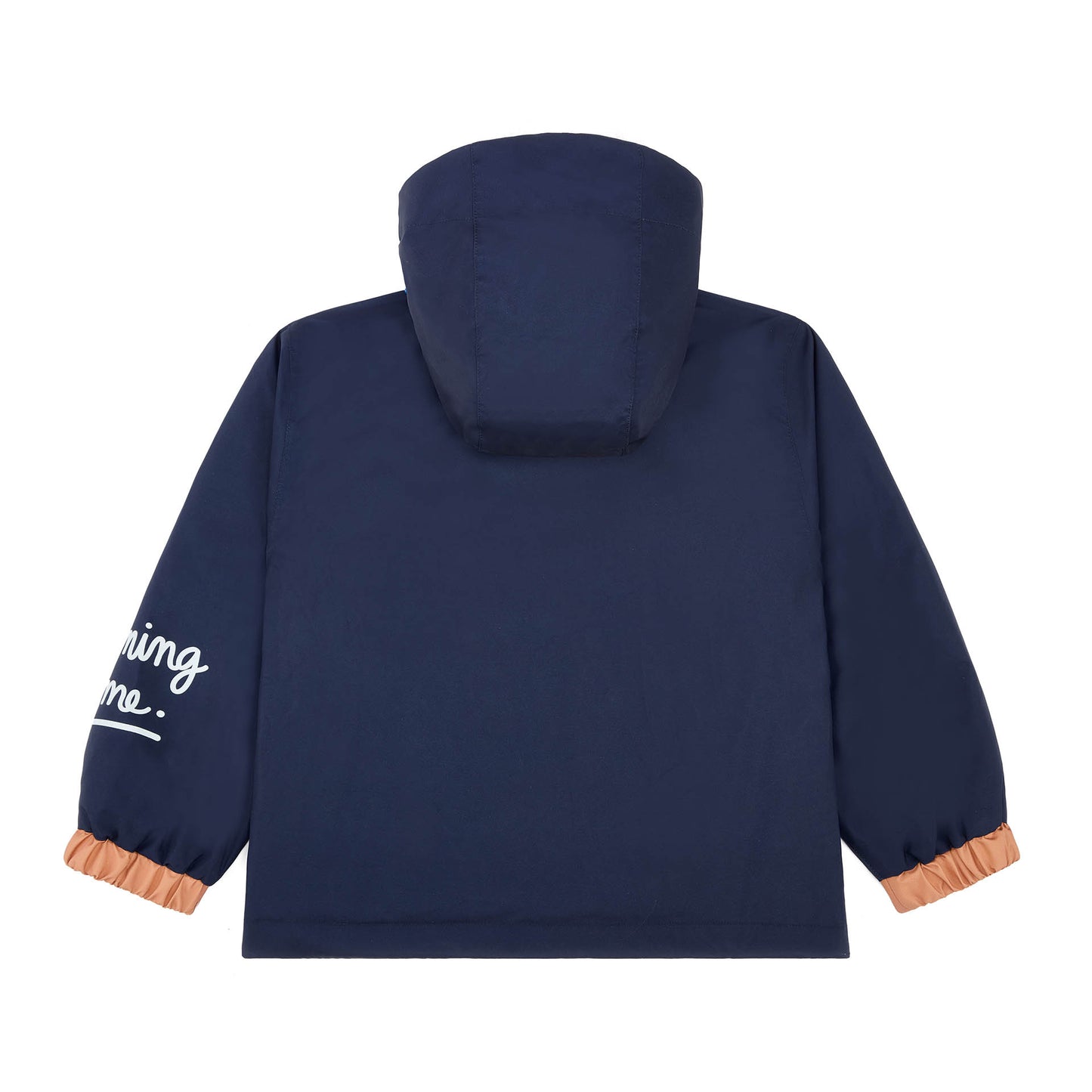 Casaco de inverno infantil azul marine, capuz, mangas elásticas e detalhes laranja Hello Hossy