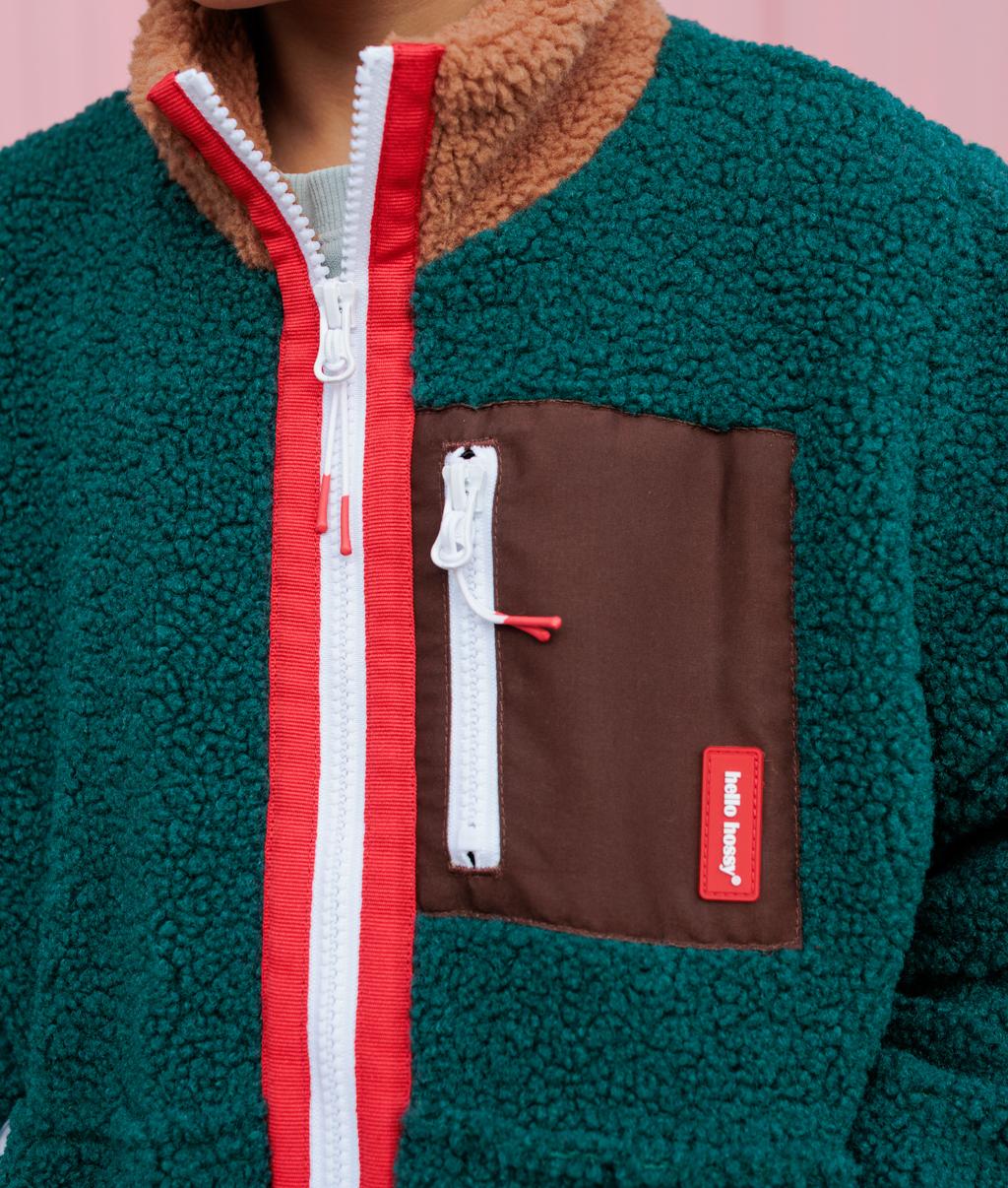 Casaco polar infantil azul, verde e castanho, bolso frontal com fecho Hello Hossy