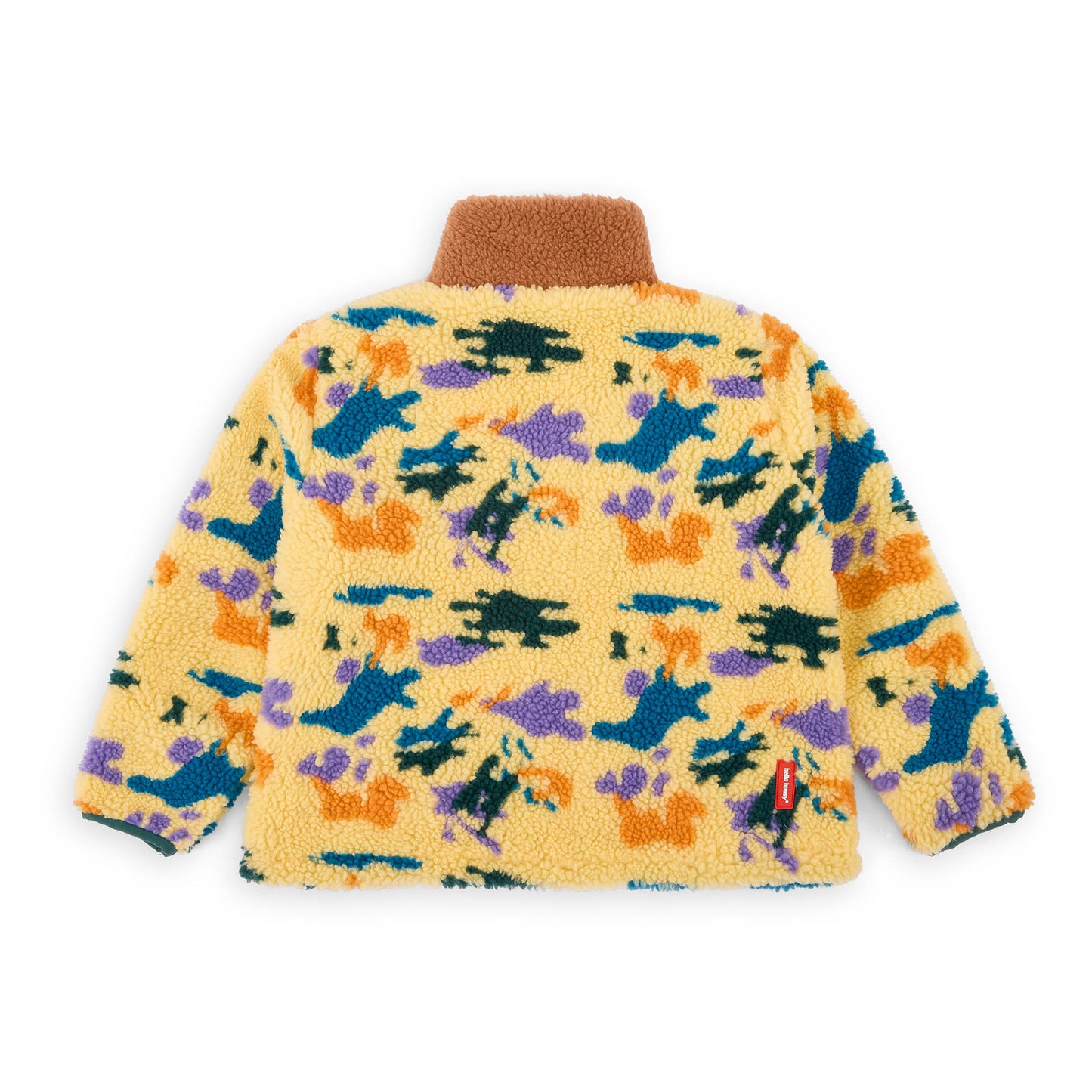 Casaco polar infantil amarelo com padrão camouflage violeta e laranja Hello Hossy