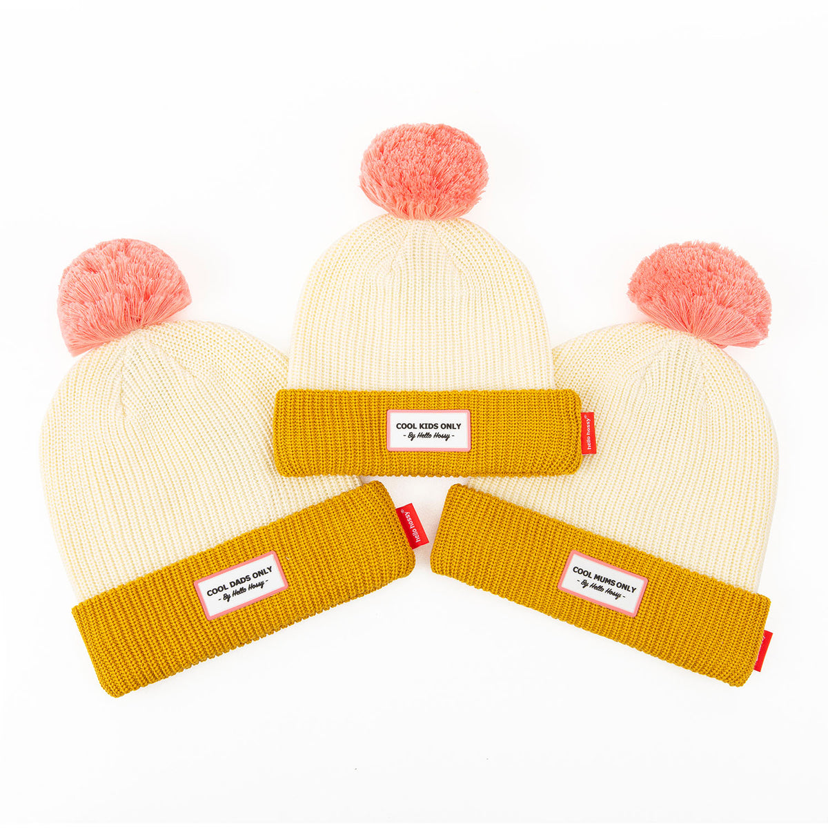 Gorro pais e filhos Color Block Camel, com pompom, forro polar, algodão orgânico, matchy-matchy, a partir dos 9 meses, Cool Kids Only!