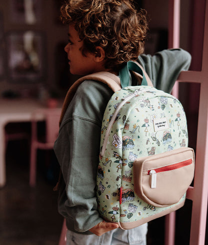 Mochila infantil verde com estampado de viagem e bicicleta, bolso bege Hello Hossy