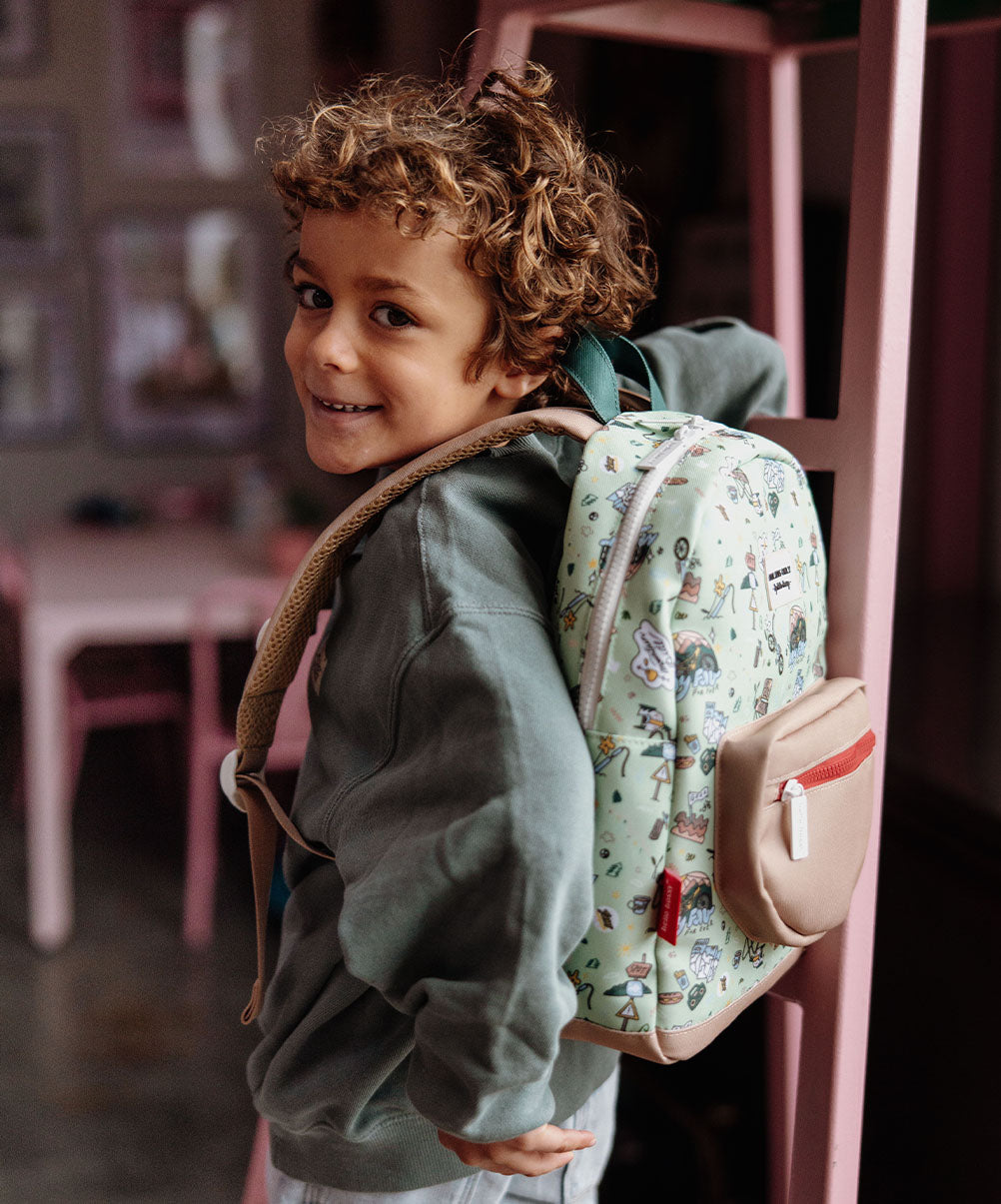 Mochila de criança verde padrões viagem bicicleta bolso bege Hello Hossy