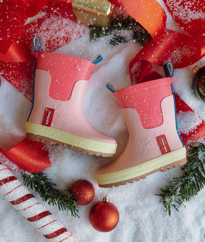 Botas de chuva infantis rosa com detalhes azuis e sola amarela Hello Hossy