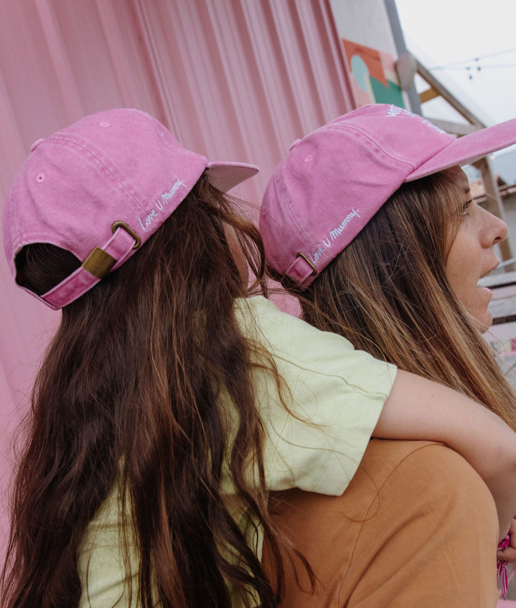Boné infantil rosa com pala curva duo mãe-filho Hello Hossy