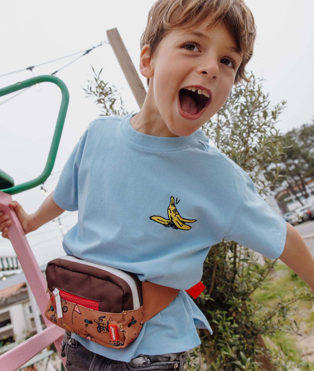 Bolsa de cintura infantil castanha com padrão de mascote bicicleta Hello Hossy