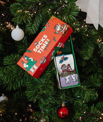 Pack de meias infantis com padrões de natal, caixa vermelha e meia ilustrada Hello Hossy