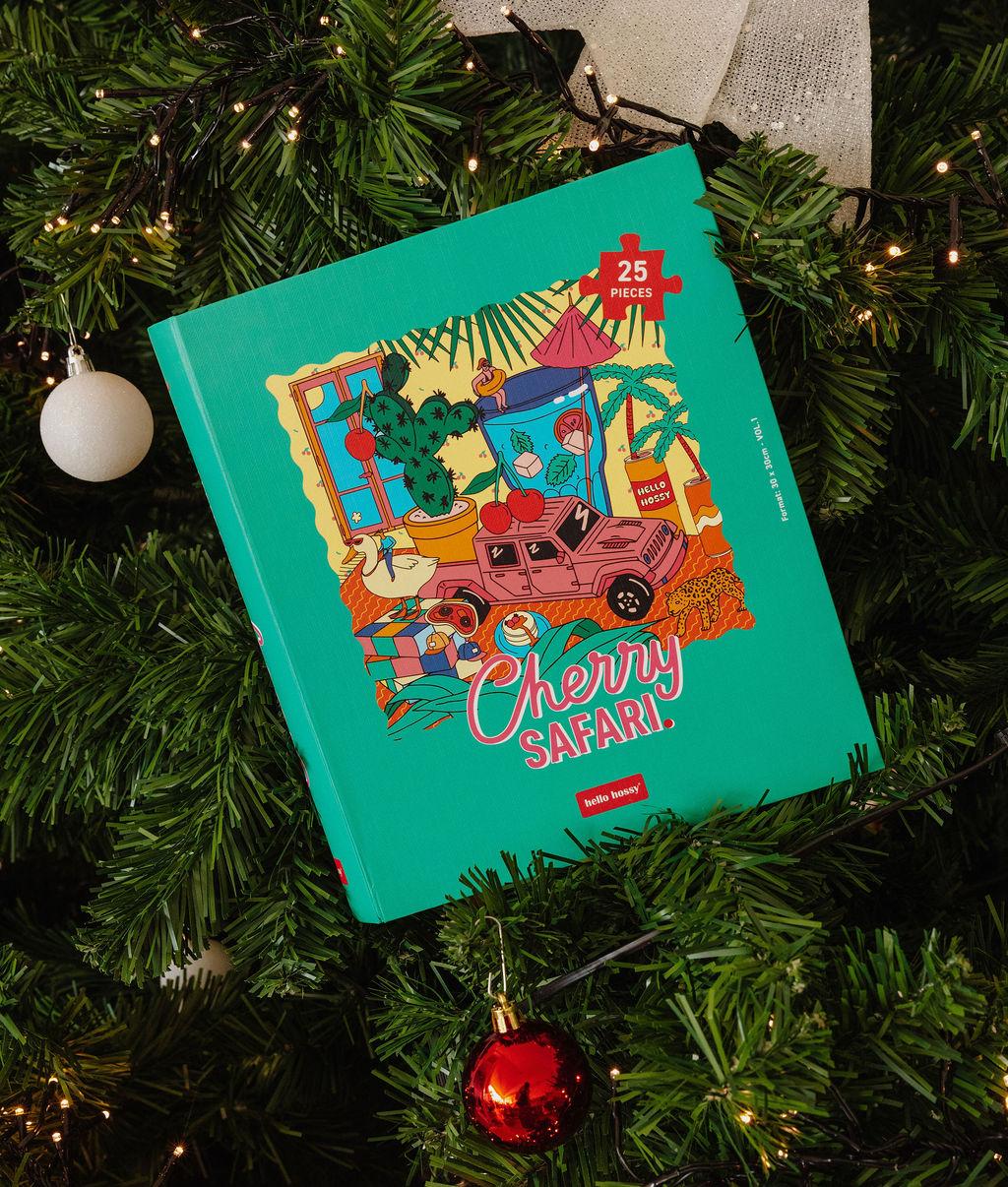 Puzzle infantil verde-turquesa com ilustração safari, 25 peças, formato livro Hello Hossy