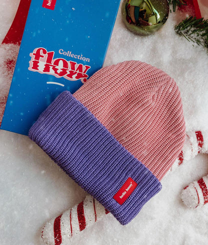 Gorro infantil rosa e violeta com dobra larga e etiqueta cosida, Hello Hossy