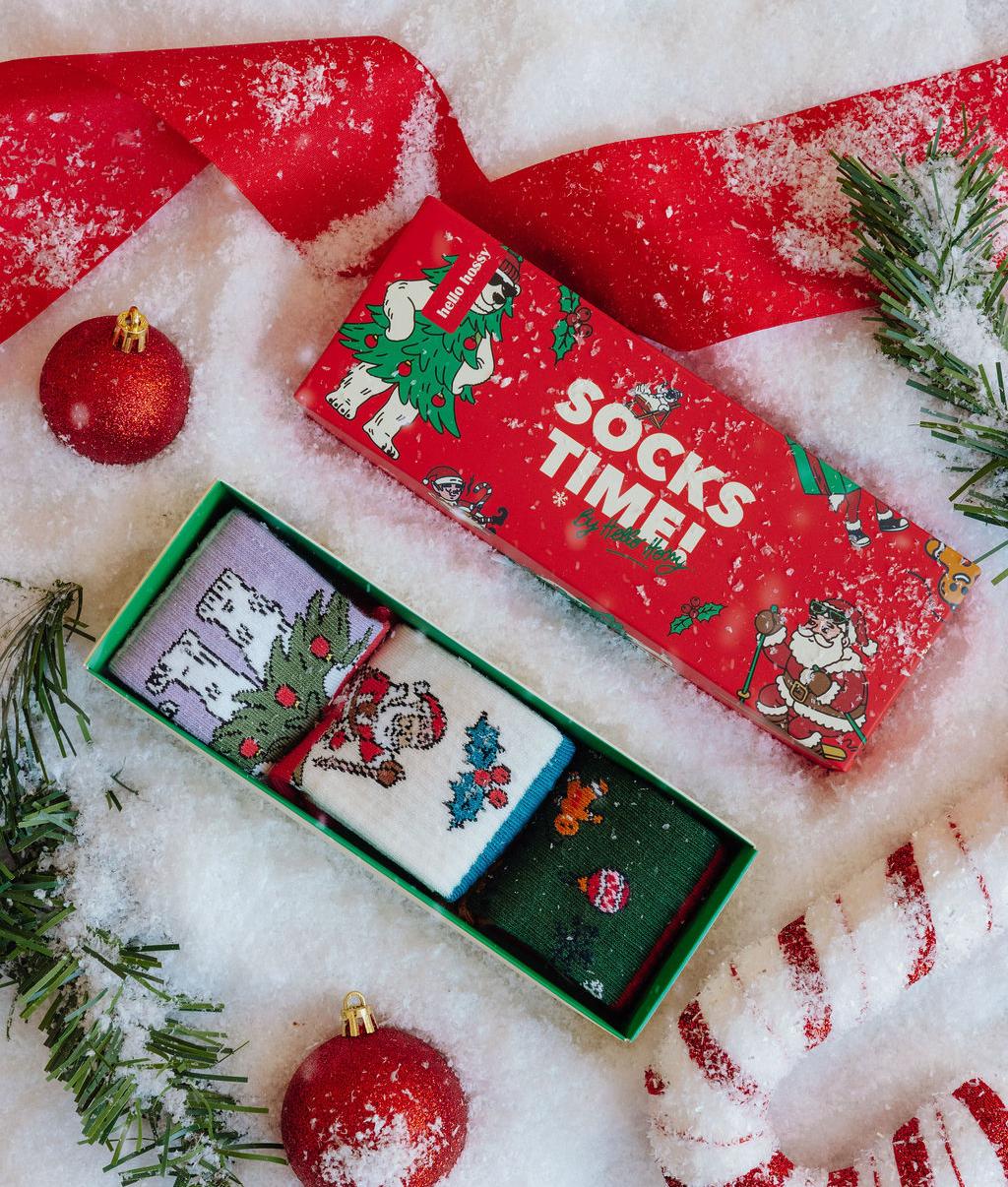 Pack de meias infantis com padrões de natal, três pares, caixa vermelha Hello Hossy