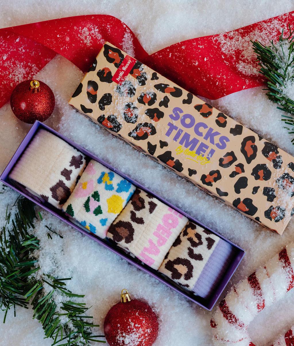 Pack de meias infantis com padrão leopard, quatro pares em caixa Hello Hossy