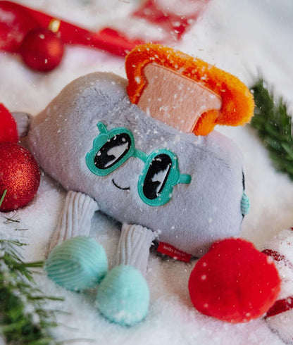 Peluche infantil cinzenta com óculos de sol verdes e uma fatia de pão torrado Hello Hossy
