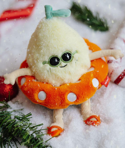 Peluche infantil amarela óculos de sol redondos verdes e argola laranja Hello Hossy