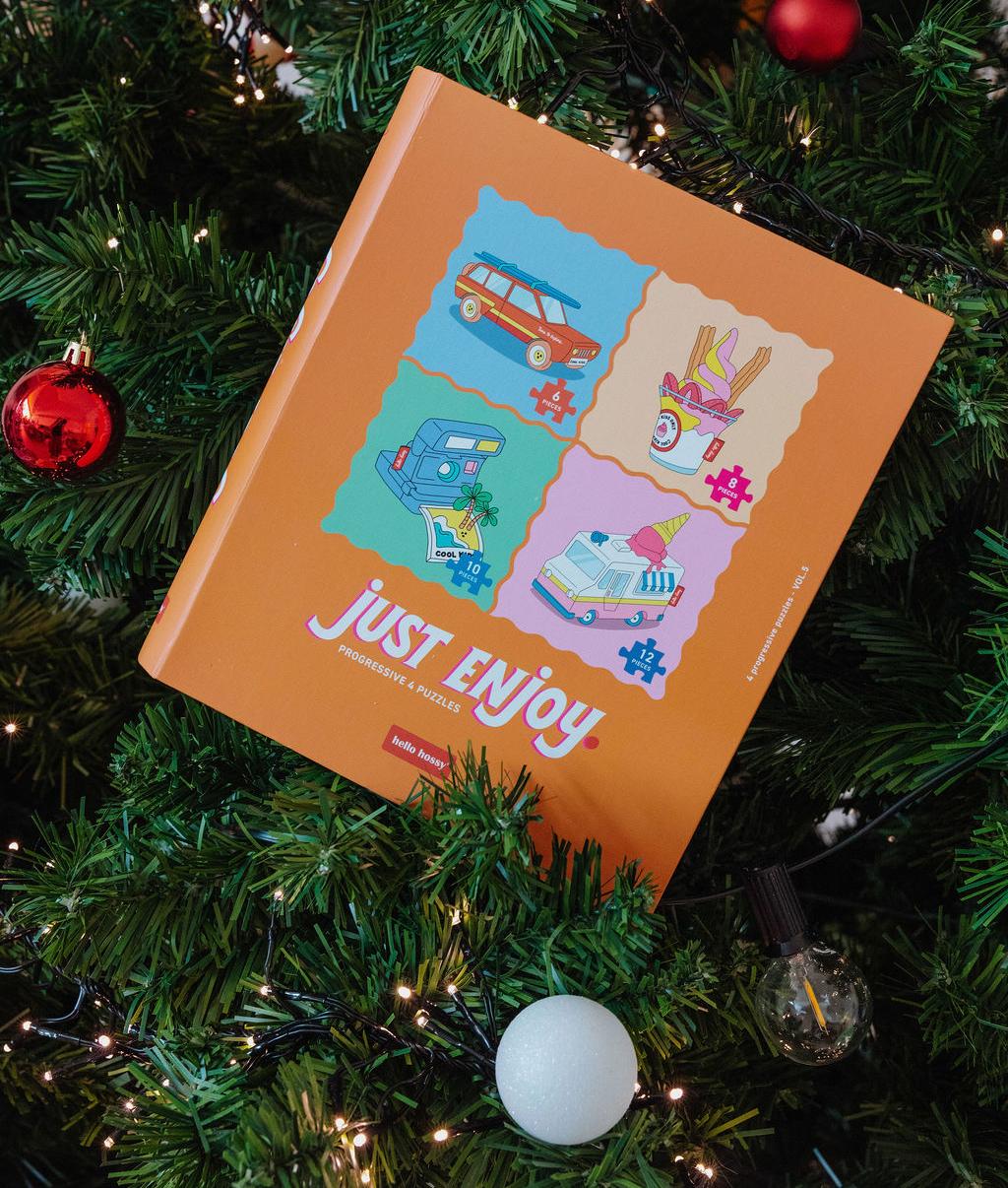 Conjunto de puzzles infantil, caixa laranja com padrões de veículos coloridos Just Enjoy Hello Hossy