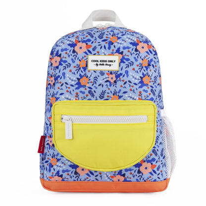Mochila infantil azul com motivo de flores e bolso amarelo Hello Hossy