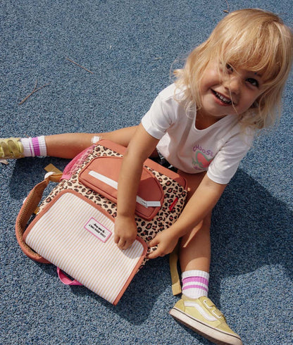 Mochila infantil bege com estampado leopard, bolso às riscas rosa Hello Hossy