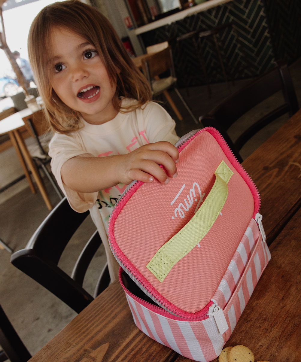Saco de almoço infantil rosa às riscas, pega amarela e fecho éclair Hello Hossy