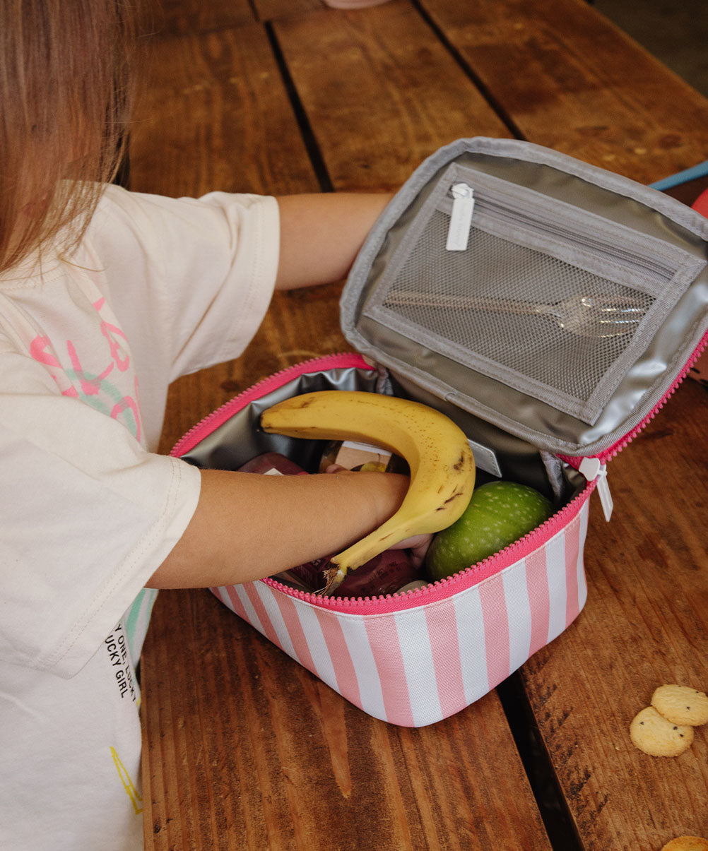 Saco de almoço infantil rosa às riscas, bolso de rede com fecho Hello Hossy