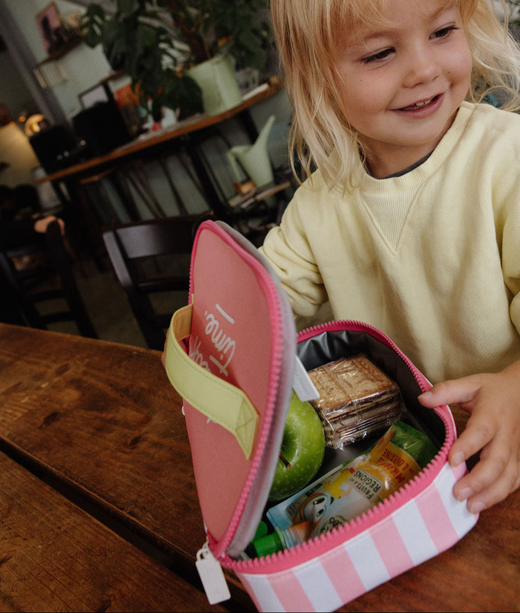 Saco de lanche infantil às riscas rosa, interior cinzento e pega amarela Hello Hossy