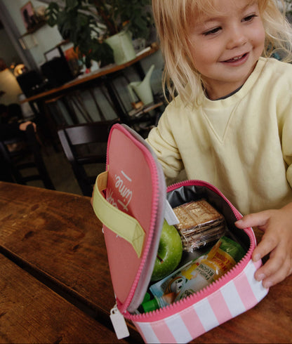Saco de lanche infantil às riscas rosa, interior cinzento e pega amarela Hello Hossy