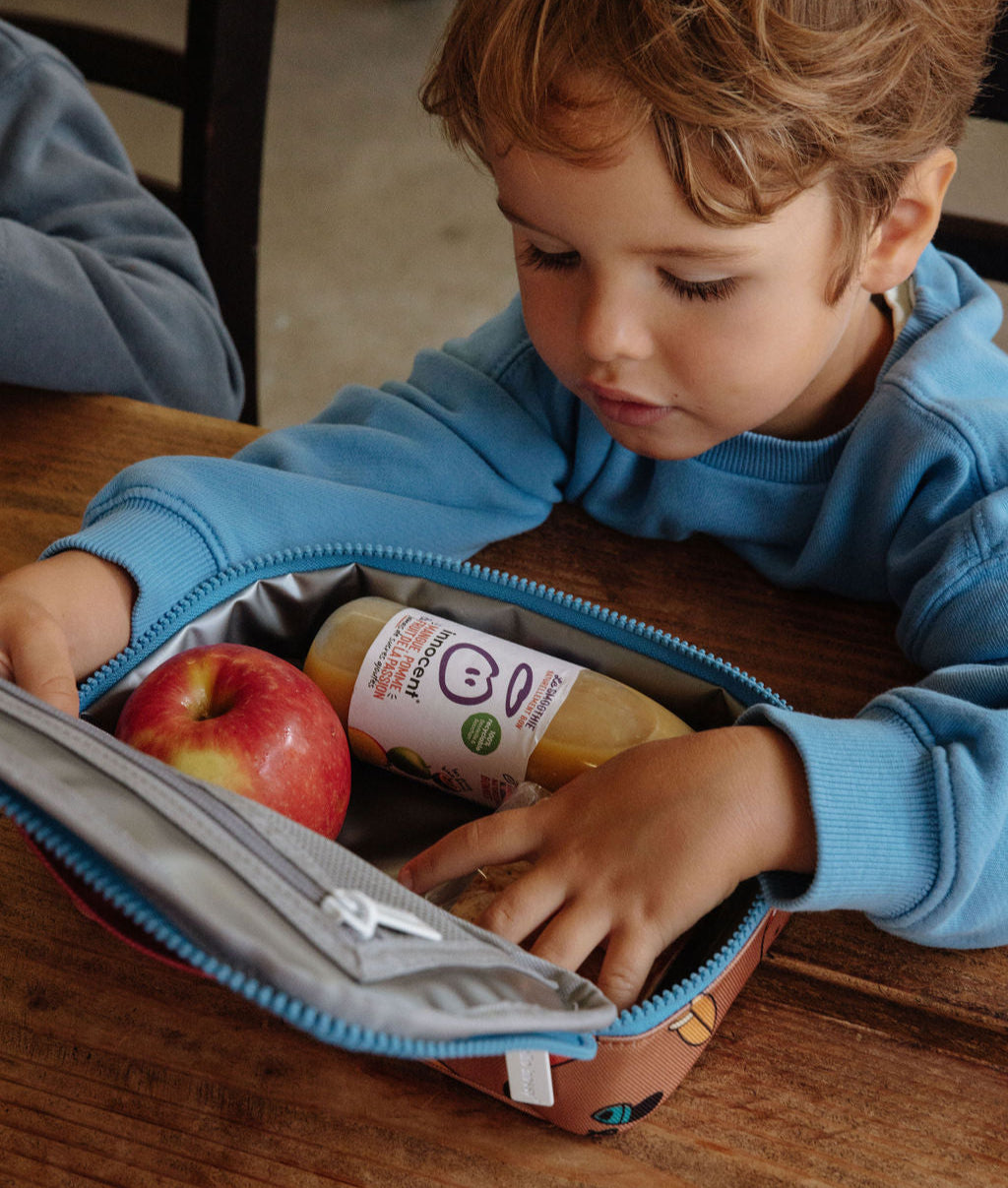 Saco de lanche infantil castanho com padrão de mascote de bicicleta, fecho azul Hello Hossy