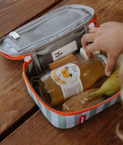 Saco de almoço infantil às riscas verdes, fecho laranja e interior cinzento, Hello Hossy