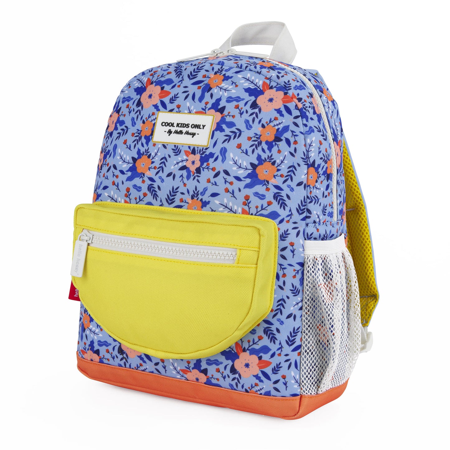 Mochila infantil azul com padrão de flores, bolso amarelo e rede branca Hello Hossy