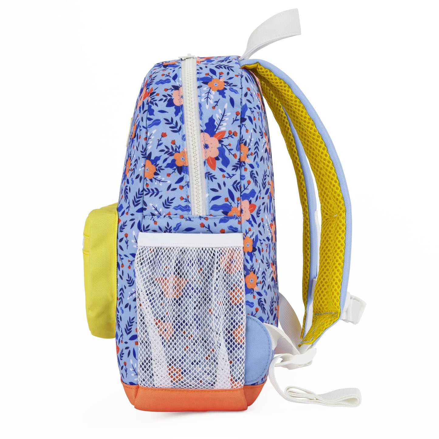 Mochila infantil azul com motivo de flores, bolso em rede branco, detalhe laranja Hello Hossy