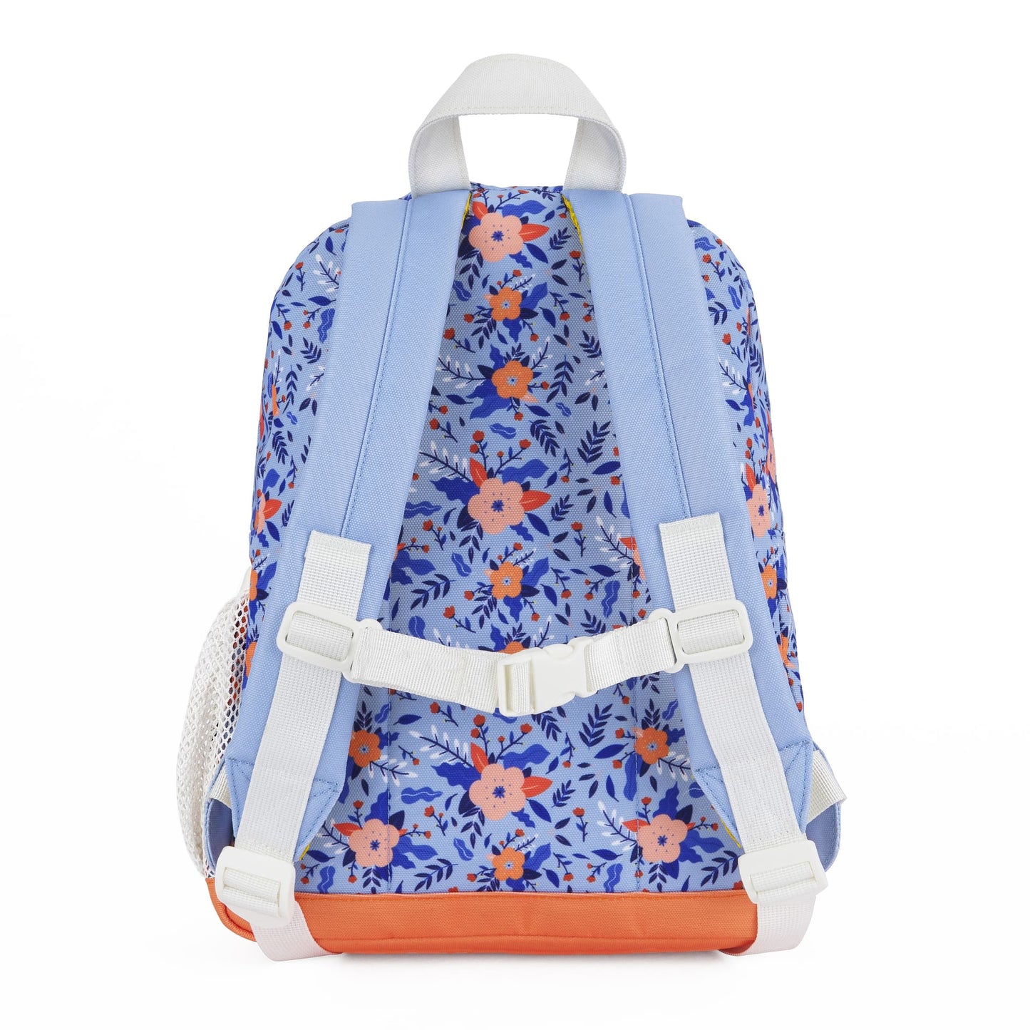 Mochila infantil azul com padrão de flores, alças brancas e base laranja Hello Hossy