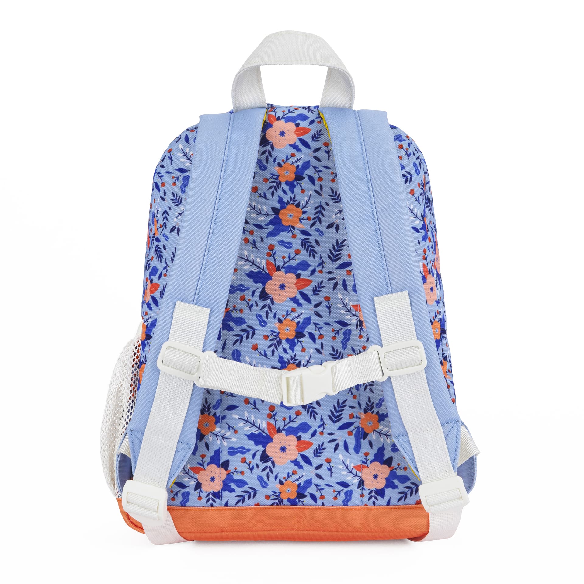 Mochila infantil azul com padrão de flores, alças brancas e base laranja Hello Hossy